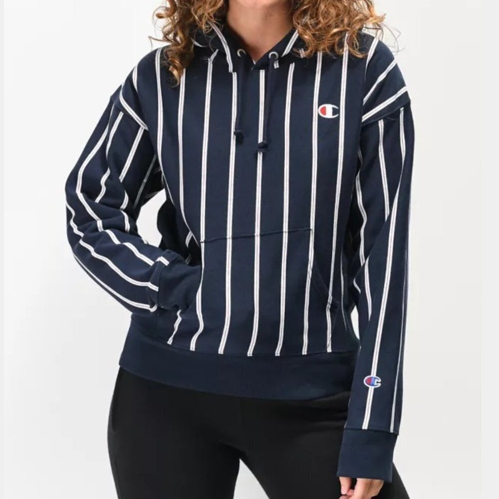 Champion Women's Reverse Weave Navy Stripe Pullover Hoodie - S